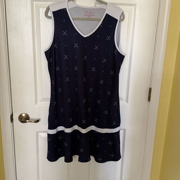 LILLIE GREEN UPF Sun Blocking Golf Ball Dress, Navy With Tee And Golf Balls Prin - Picture 1 of 8